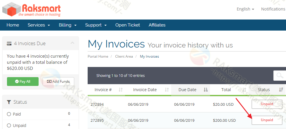 RAKsmart账单页面